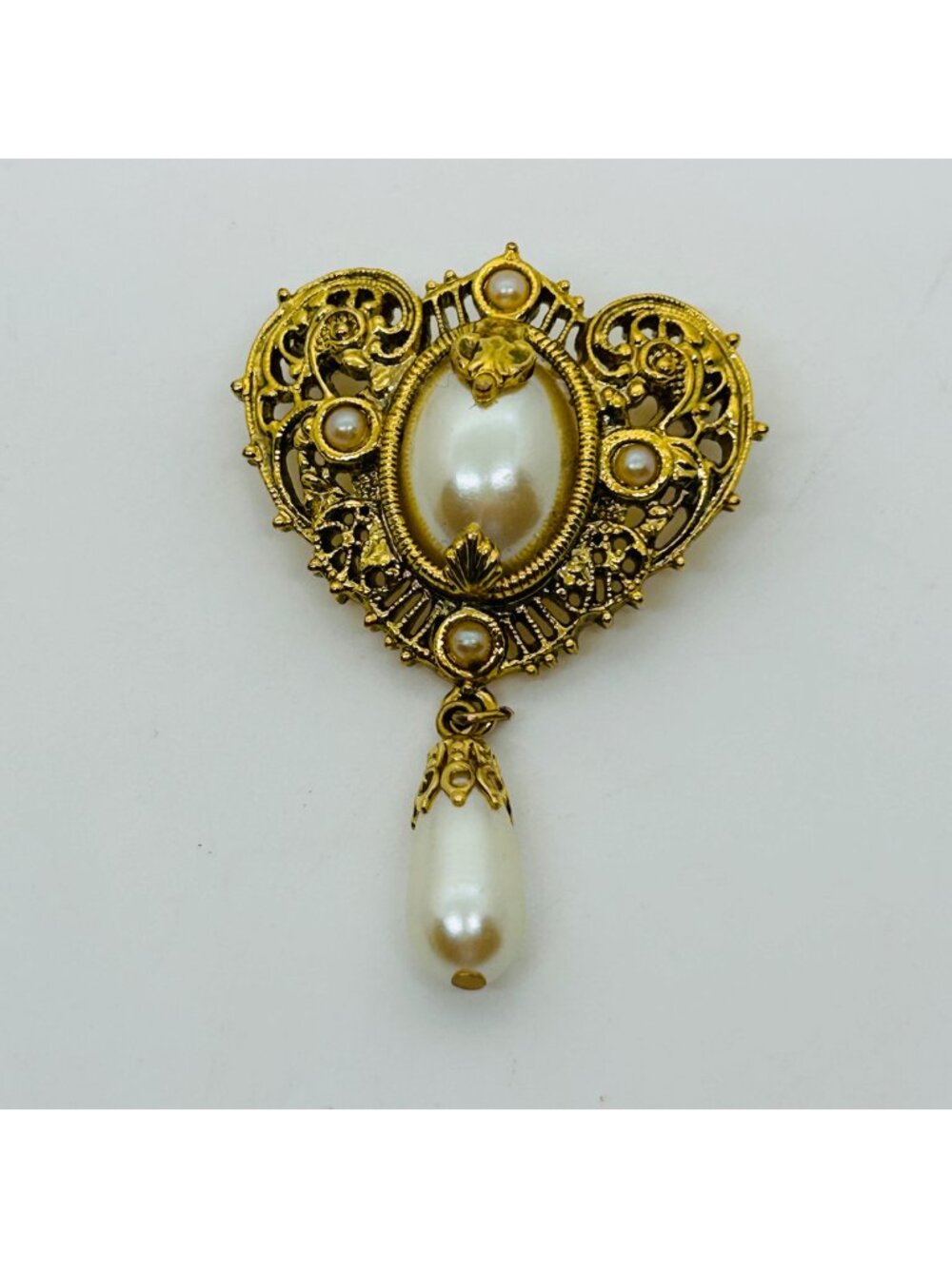 Victorian Revival Brooch Faux Pearl Heart Gold Tone Filigree Dangle Drop Vintage